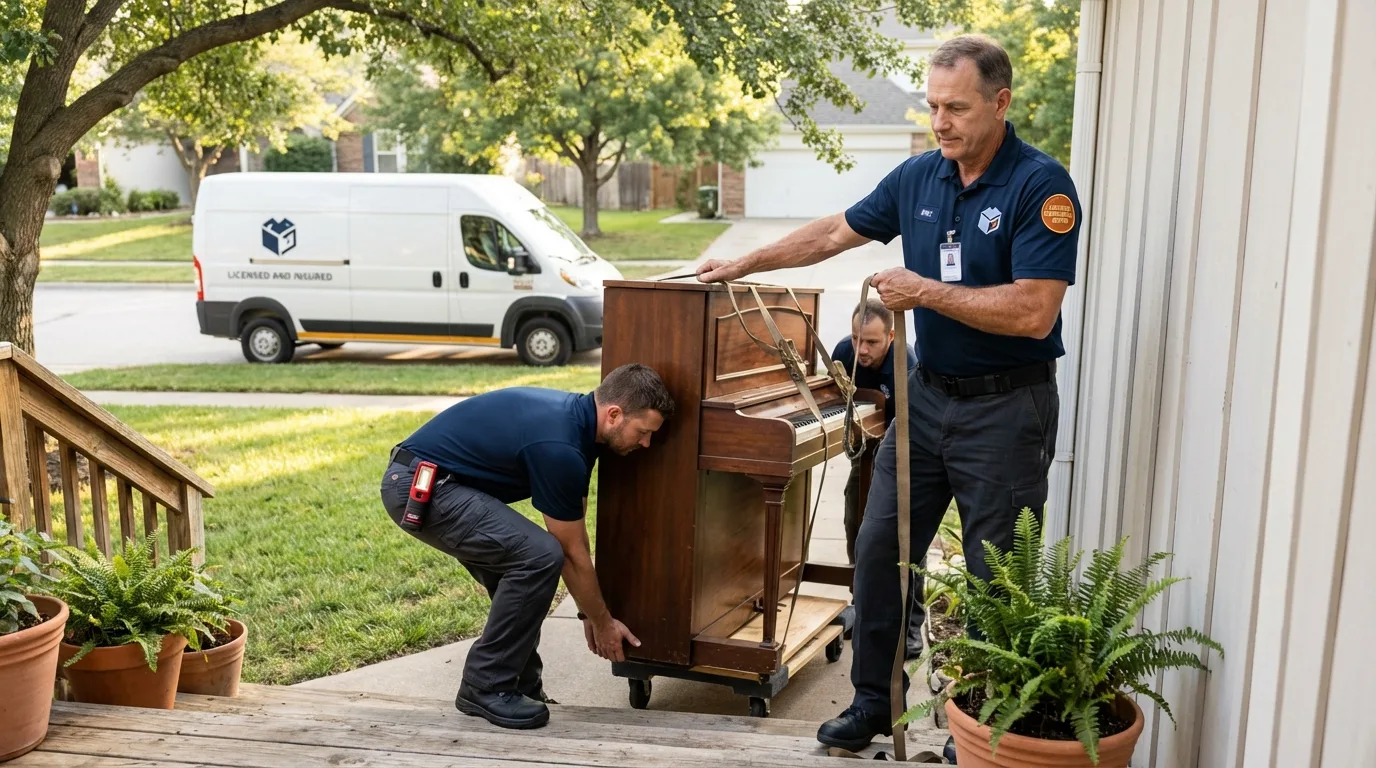 Licensed piano movers securing grand piano in Enola, PA