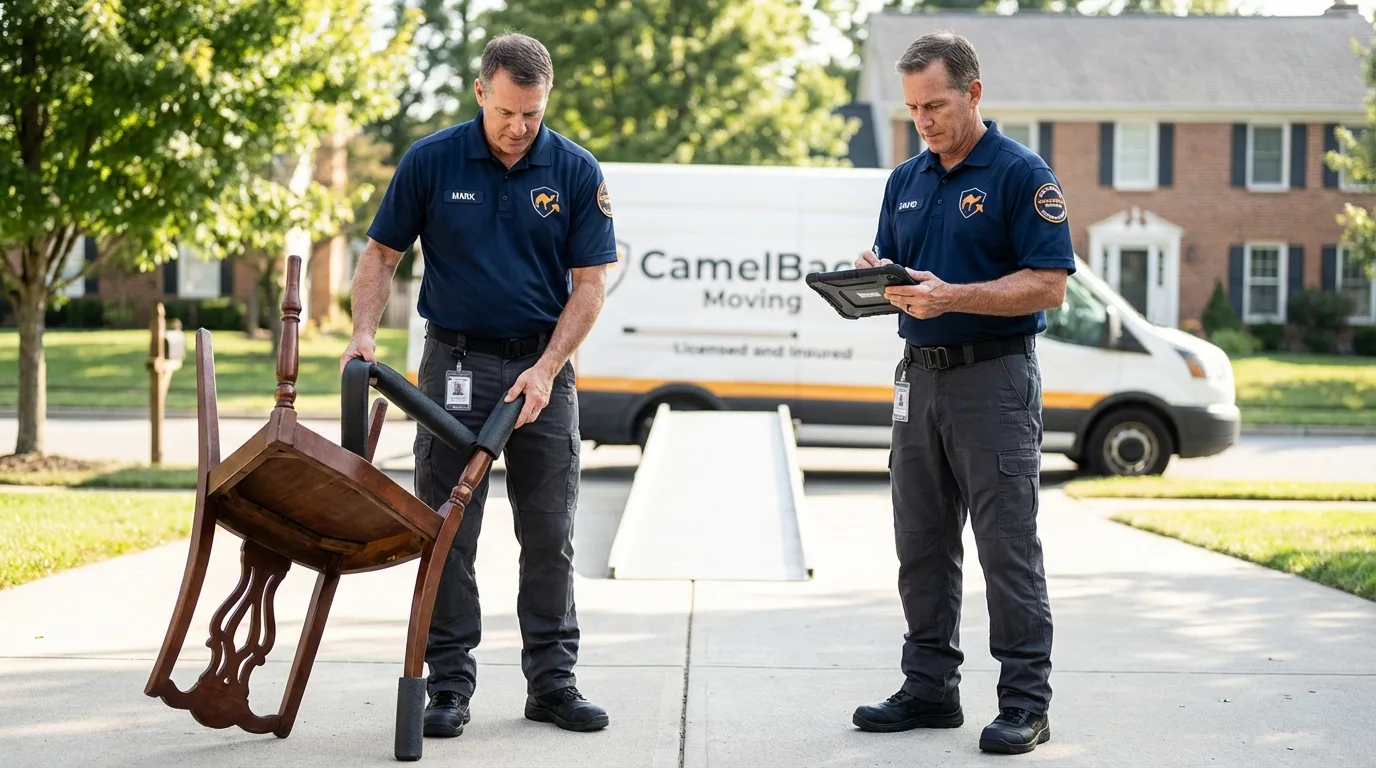 Movers inspecting furniture for damage prevention before loading in Enola, PA