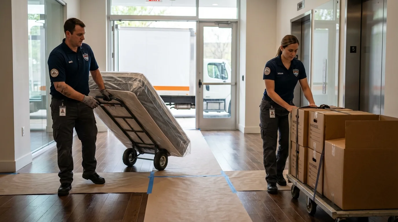 Professional apartment movers loading elevator in Enola, PA