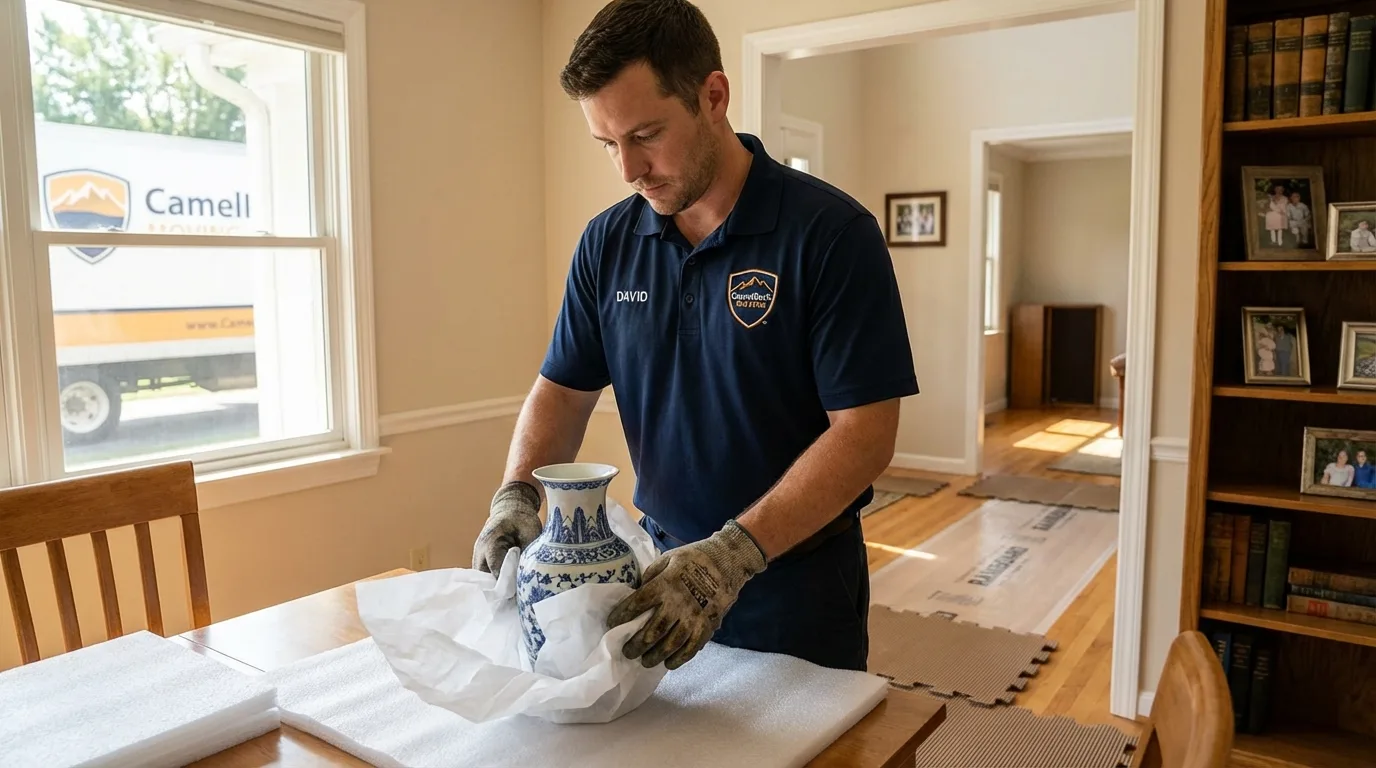 Professional crew carefully wrapping antique vase for senior downsizing move in Enola, PA